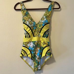 ModCloth Black and Yellow One Piece Bathing Suit Crisscross Back - never worn XS